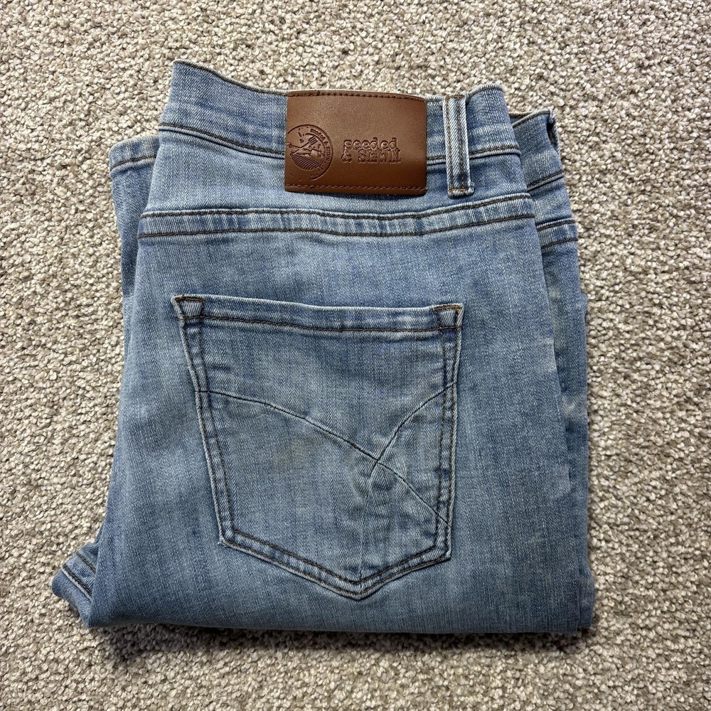 Seeded & Sewn Isaac Boot Jeans Mens 32x30 Blue Light Wash Bootcut Stretch Denim